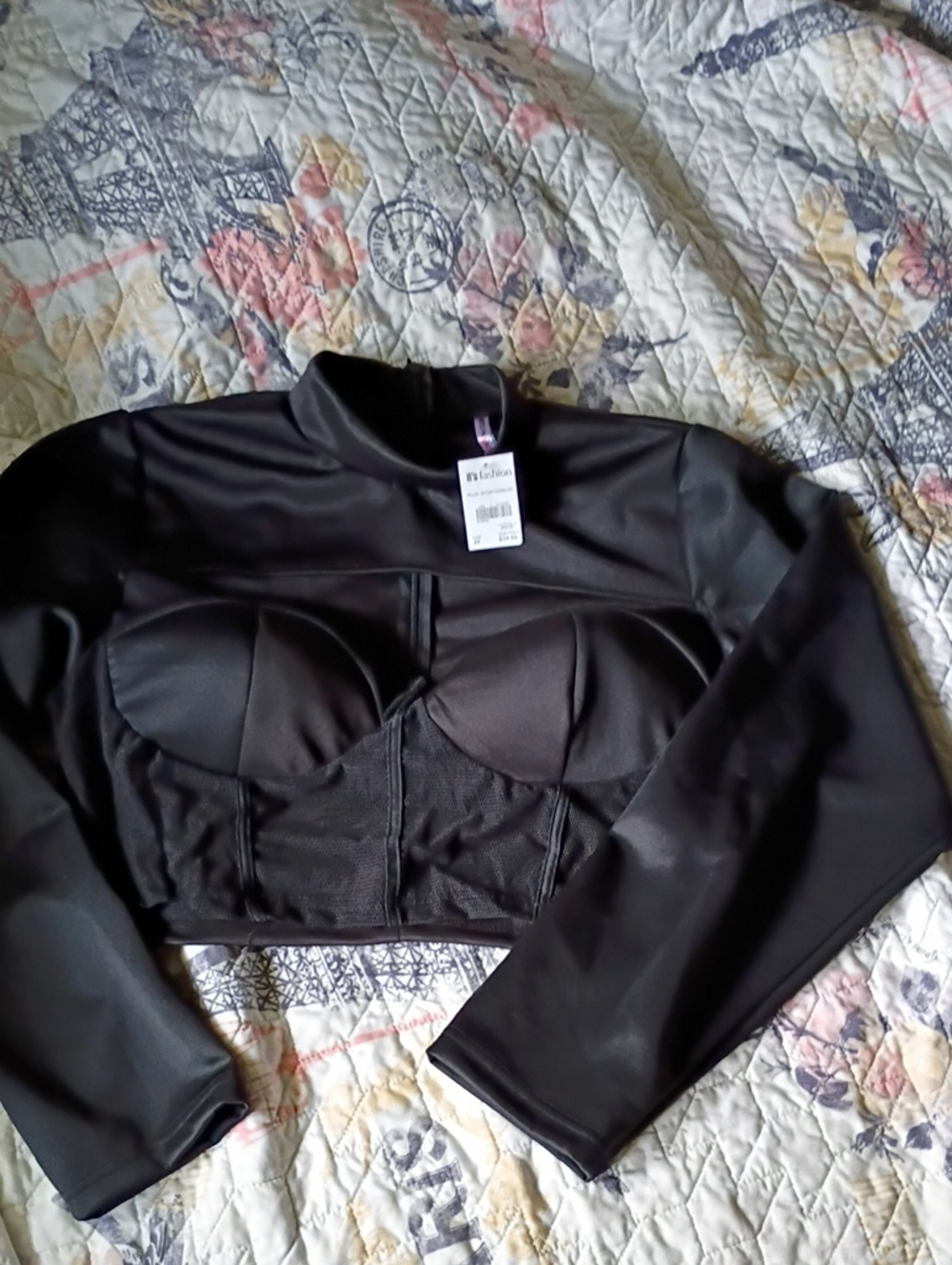 Black Faux Leather Crop Long Sleeve Top